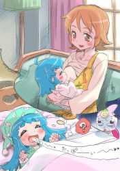 10s 2girls blue_hair blush bow breast_sucking breastfeeding breasts brown_hair dreaming happinesscharge_precure! highres imagining isedaichi_ken large_breasts long_hair multiple_girls nipples oomori_yuuko open_mouth overalls pink_bow precure ribbon_(happinesscharge_precure!) shirayuki_hime smile surprised translation_request wide-eyed yellow_overalls yuri