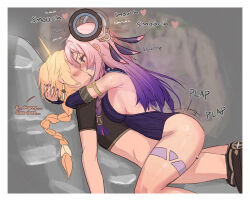 Rule 34 | 1boy, 1girl, aether (genshin impact), ahoge, armlet, armpit crease, arms around neck, assertive female, backless leotard, blonde hair, blush, border, bottomless, braid, braided ponytail, breast press, breasts, brown shirt, citlali (genshin impact), clothed sex, commentary, cowgirl position, crop top, detached sleeves, earrings, english commentary, english text, eyelashes, faceless, faceless male, facial mark, feet out of frame, from side, genshin impact, girl on top, gradient hair, grey background, half-closed eyes, head hug, hetero, highres, hug, implied sex, jewelry, kiss, large breasts, leaning forward, leotard, long hair, long sleeves, looking at another, lying, motion lines, multicolored hair, nail polish, no bra, pink hair, pink pupils, purple eyes, purple hair, purple leotard, purple nails, purple sleeves, ribbed leotard, ribbed sleeves, saliva, sex, shirt, side braid, sideboob, sideless outfit, simple background, straddling, straight hair, sweat, thigh marking, v-shaped eyebrows, valenthania, white background, white border