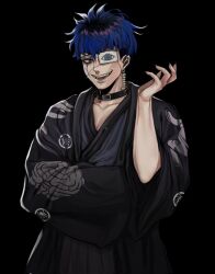 1boy anaizzzen animal_print black_background black_hair blue_eyes blue_hair choker collarbone commentary cowboy_shot earrings english_commentary eye_print eyepatch face_piercing facepaint fangs fingernails grin hand_up haori highres japanese_clothes jewelry kimono labret_piercing male_focus multicolored_hair omokage_yugamu piercing print_eyepatch sharp_fingernails short_hair simple_background smile solo spider_print teeth the_hundred_line_-last_defense_academy-