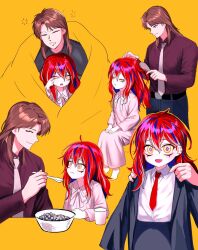 1boy 1girl ahoge black_jacket black_skirt blazer blue_hair brown_hair cereal child closed_mouth collared_shirt commentary extra_eyes fang feeding formal_clothes grey_necktie hair_between_eyes highres holding holding_spoon ichijou_seiya jacket kaiji long_bangs long_hair long_sleeves multicolored_hair necktie open_mouth pajamas personification red_hair red_necktie red_shirt shirt simple_background skirt smile spoon streaked_hair suit symbol-only_commentary the_bog_(kaiji) upper_body white_hair yellow_background yellow_eyes yologyeolseogchung-gyeogpaswaeseogsul