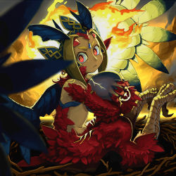 1girl dark-skinned_female dark_skin digitigrade egg female_focus frown harpy kamukamu6392 monster_girl nest original red_eyes sitting solo tattoo