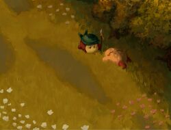 2boys :o bandana bandana_waddle_dee blue_bandana blush_stickers callum closed_eyes dark evening field flower from_above grass holding holding_polearm holding_weapon kirby kirby_(series) lying multiple_boys nintendo no_humans no_mouth no_nose on_back on_ground outdoors pink_flower polearm sleeping spear weapon white_flower