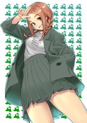 1girl braid breasts brown_eyes brown_hair cowboy_shot flying_witch from_below green_background green_jacket green_skirt hand_on_own_head highres ishiwatari_nao ishizuka_chihiro jacket looking_at_viewer medium_breasts medium_hair official_art parted_bangs pleated_skirt salute shirt shirt_tucked_in skirt smile teeth thighs twin_braids white_background white_shirt