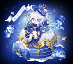 1girl ahoge ascot blue_ascot blue_background blue_bow blue_eyes blue_gemstone blue_hair blue_hat blue_jacket blue_pupils blue_shoes blush bow chibi chibi_only commentary drop-shaped_pupils furina_(genshin_impact) gem genshin_impact gentilhomme_usher gloves hair_between_eyes hand_up hat heterochromia highres hydro_symbol_(genshin_impact) jacket looking_at_viewer mademoiselle_crabaletta medium_hair multicolored_hair open_mouth ryuu32 shoes short_shorts shorts sitting sky solo star_(sky) starry_sky streaked_hair surintendante_chevalmarin symbol-shaped_pupils teardrop-shaped_gem thigh_strap vision_(genshin_impact) white_gloves white_hair white_shorts