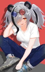 1girl absurdres animal_ears arknights black_hair blue-tinted_eyewear breasts cleavage commentary_request denim eyewear_on_head feater_(arknights) full_body grey_hair grey_shoes hair_over_one_eye hand_in_own_hair highres jeans medium_breasts medium_hair multicolored_hair one_eye_covered open_mouth orange_eyes pants purple_pants red-tinted_eyewear red_background round_eyewear sgt_syunkai2_(myyards) shirt shoe_soles shoes short_sleeves sitting smile solo streaked_hair t-shirt tinted_eyewear white_shirt