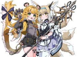 2girls absurdres amanotti_01 animal_ears arknights black_gloves blonde_hair fox_ears fox_tail gloves green_eyes highres holding ju_fufu multicolored_hair multiple_girls multiple_tails pantyhose suzuran_(arknights) tail tail_ornament tiger_ears tiger_girl tiger_tail white_background white_hair zenless_zone_zero