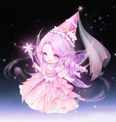 1girl bare_arms bare_shoulders black_background chibi chinese_commentary commentary_request crescent_print detached_sleeves dress drill_hair earrings enchanted_encounter_(infinity_nikki) eyelashes eyeshadow fairy fairy_wings frilled_sleeves frills glowing gown gradient_background happy hat hat_ornament highres holding holding_wand infinity_nikki jewelry light_blush light_particles long_dress long_hair looking_ahead magic makeup necklace nikki_(series) open_mouth pink_dress pink_eyes pink_hair pink_hat pink_sleeves pink_veil pink_wings princess purple_eyeshadow see-through_clothes see-through_veil short_sleeves smile snowflakes snowing solo standing star_(symbol) star_earrings star_hat_ornament star_print strapless strapless_dress taozi_bufan_lan veil very_long_hair wand wings