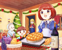 1boy 3girls :d apron back_bow basket blonde_hair blue_dress blue_eyes blue_overalls blue_shirt blunt_bangs blunt_ends blurry blurry_foreground bob_cut bokujou_monogatari bokujou_monogatari:_mineral_town_no_nakama_tachi bokujou_monogatari:_saikai_no_mineral_town bottle bow bowl_cut brother_and_sister brown_hair christmas christmas_tree claire_(bokujou_monogatari) curtains dress elli_(bokujou_monogatari) food frilled_suspenders fruit garland_(decoration) gift gift_bag glass grandmother_and_granddaughter grandmother_and_grandson grapes harvest_sprite_(bokujou_monogatari) highres holding holding_gift holding_toy holding_tray holly_print indoors juliet_sleeves knitting knitting_needle lace-trimmed_shirt_collar lantern long_hair long_sleeves maid_apron multiple_girls neck_ribbon needle open_door open_mouth orange_eyes overalls parted_bangs pear photo_(object) pie puffy_sleeves red_bow red_scarf red_shirt red_sweater_vest ribbon rounded_collar scarf shirt short_sleeves siblings sidelocks smile star_(symbol) striped_clothes striped_scarf sweater_vest swept_bangs teeth tinsel toy tray twitter_username underbust upper_teeth_only user_ptvp4444 v-shaped_eyebrows white_coif white_scarf window wine_bottle wooden_ceiling wooden_door wrinkled_skin