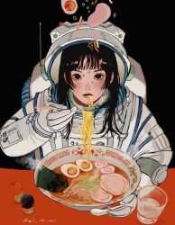 Rule 34 | 1girl, 2025, astronaut, black background, black hair, bowl, eating, egg, food, highres, looking at viewer, noodles, open mouth, original, ramen, rei h6, sitting, solo, soup, table