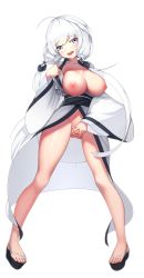 1girl alternate_costume azur_lane bad_id bad_pixiv_id bar_censor blue_eyes blunt_bangs blush breasts breasts_out censored cleavage curvy female_focus full_body head_tilt highres illustrious_(azur_lane) japanese_clothes kimono large_breasts long_hair long_twintails looking_at_viewer mole mole_under_eye nipples no_bra no_panties open_clothes open_mouth pointless_censoring pussy pussy_juice simple_background smile solo spread_pussy spreading_own_pussy standing twintails white_background white_hair yeong_r6 yukata