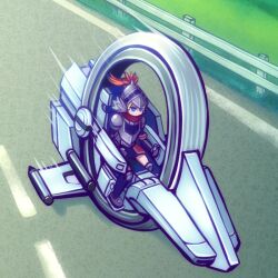 1girl afterimage akisame_rizu armor blonde_hair blue_eyes d-wheel duel_monster expressionless helmet knight_(yu-gi-oh!) miniskirt monowheel motor_vehicle motorcycle riding skirt solo yu-gi-oh! yu-gi-oh!_5d&#039;s
