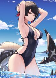 1girl armpits arms_behind_head arms_up artist_name black_hair black_one-piece_swimsuit blue_sky breasts casual_one-piece_swimsuit cleavage cloud colored_inner_hair commentary day ellen_joe english_commentary fins fish_tail from_side hair_ornament hairclip highres large_breasts large_tail looking_at_viewer making-of_available mole mole_under_eye mouth_hold multicolored_hair ocean one-piece_swimsuit outdoors red_eyes red_hair rohioart scar scar_on_tail shark_girl shark_tail short_hair sky solo swimsuit tail two-tone_hair wading water water_drop wet wet_clothes wet_swimsuit x_hair_ornament zenless_zone_zero