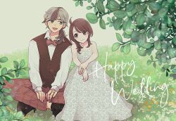 Rule 34 | 1boy, 1girl, ahoge, alternate costume, arven (pokemon), bow, bowtie, braid, brown bow, brown bowtie, brown eyes, brown footwear, brown hair, brown pants, brown vest, closed mouth, collared shirt, commentary request, day, dress, grass, highres, juliana (pokemon), long hair, long sleeves, nintendo, outdoors, pants, pokemon, pokemon sv, shinogo no, shirt, shoes, sitting, smile, strapless, strapless dress, vest, white shirt