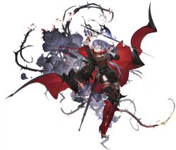Rule 34 | 1girl, absurdres, aiguillette, asymmetrical bangs, black cape, black dress, boots, cape, dress, floral background, flower, game cg, gloves, grey eyes, grey flower, grey hair, grey rose, hair between eyes, half-closed eyes, high heel boots, high heels, highres, holding, holding sword, holding weapon, knee guards, long hair, long hair between eyes, looking down, non-web source, official art, plant, red boots, red cape, red lips, rose, safiyyah (sword of convallaria), scabbard, sheath, solo, sword, sword of convallaria, thorns, transparent background, two-sided cape, two-sided fabric, vines, weapon, white gloves