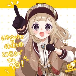 1girl :d black_gloves blush bolo_tie brown-framed_eyewear brown_capelet brown_hair brown_hat brown_skirt capelet collared_shirt commentary_request deerstalker eyewear_on_headwear fang gloves grey_eyes harapeko_shoujo_to_tantei_to haruno_rikka hat long_hair looking_at_viewer notice_lines open_mouth outstretched_arm plaid_clothes plaid_hat plaid_skirt pointing rino_cnc round_eyewear shirt short_eyebrows skirt smile solo thick_eyebrows translation_request twitter_username two-tone_background v-shaped_eyebrows white_background white_shirt yellow_background