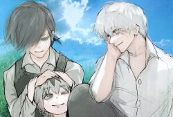 1boy 2girls black_hair child day family father_and_daughter hair_over_one_eye highres kaneki_ichika kaneki_ken kirishima_touka long_sleeves looking_at_another mother_and_daughter multicolored_hair multiple_girls outdoors pants shirt short_hair smile stfr_(stfr_kaz) tokyo_ghoul tokyo_ghoul:re two-tone_hair white_hair