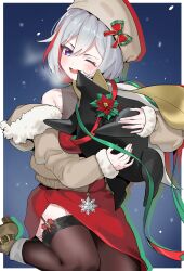 Rule 34 | 1girl, absurdres, bare shoulders, blue eyes, boots, christmas, coat, colored inner hair, dress, fur-trimmed jacket, fur trim, garter belt, grey hair, hair between eyes, hat, highres, honkai: star rail, honkai (series), jacket, multicolored hair, numby (honkai: star rail), ogye 01, one eye closed, red dress, red hair, short hair, simple background, smile, streaked hair, thighs, topaz (honkai: star rail), trotter (honkai: star rail), white hair