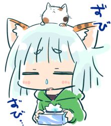 1girl animal animal_ears animal_on_head blush cat chibi closed_eyes commentary_request cropped_torso facing_viewer green_hoodie grey_hair hood hood_down hoodie kasuga_yuuki long_sleeves on_head open_mouth original puffy_long_sleeves puffy_sleeves simple_background snot solo tiger_ears tissue_box translation_request upper_body wavy_mouth white_background
