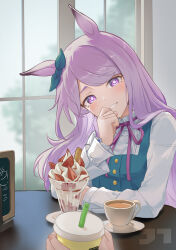 1girl absurdres animal_ears blue_ribbon bow bowtie breasts cafe dress food frilled_dress frills hands_on_table highres horse_ears horse_girl ice_cream indoors jtleeklm long_hair looking_at_viewer mejiro_mcqueen_(umamusume) open_mouth pink_eyes pink_hair ribbon sitting small_breasts teeth umamusume very_long_hair window