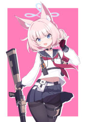 1girl animal_ear_fluff animal_ears armband benelli_m3 black_pantyhose black_sailor_collar blue_archive blue_eyes blue_halo blush crotch_seam ebi_(selinanyan) fingerless_gloves fox_ears fox_girl fox_shadow_puppet gloves gun halo highres holding holding_gun holding_weapon long_sleeves looking_at_viewer neckerchief niko_(blue_archive) open_mouth panties panties_under_pantyhose pantyhose pink_hair pouch red_armband red_neckerchief sailor_collar school_uniform serafuku shirt short_hair shotgun simple_background skirt smile solo tactical_school_uniform thigh_pouch thighband_pantyhose throat_microphone underwear weapon