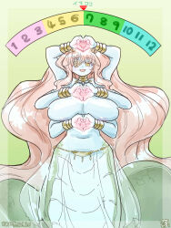 Rule 34 | 1girl, alternate breast size, alternate costume, blue skin, colored skin, commentary request, extra arms, flower, flower over eye, full body, green background, hair flower, hair ornament, heart, heart hands, highres, itini-sanshi, kirakishou, lamia, long hair, monster girl, navel, nude, open mouth, pink hair, rozen maiden, solo, very long hair, wavy hair, yellow eyes