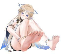 Rule 34 | 1girl, absurdres, bare legs, bare shoulders, barefoot, black collar, blue eyes, blush, cartethyia (wuthering waves), closed mouth, collar, commentary request, convenient leg, crown of thorns, earrings, feet, foot focus, highres, jewelry, knees together feet apart, legs, looking down, partial commentary, pointy ears, sidelocks, simple background, sitting, soles, solo, tacet mark (wuthering waves), toes, white background, wuthering waves, yaxiya