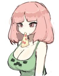 1girl :d alternate_costume arms_down bad_tag breasts cleavage creeper danganronpa_(series) eating food galaga green_shirt jacket large_breasts long_hair m3link medium_hair minecraft mole mole_on_breast nanami_chiaki open_mouth pink_hair pizza shirt simple_background smile