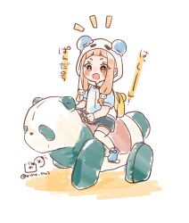1girl :d animal_costume backpack bag black_shorts blue_jacket blue_shoes blush brown_eyes brown_hair commentary_request highres hood hood_up hooded_jacket ichihara_nina idolmaster idolmaster_cinderella_girls idolmaster_cinderella_girls_starlight_stage jacket kiddie_ride long_hair notice_lines open_mouth panda_costume rino_cnc shoes short_sleeves shorts simple_background smile solo thighhighs translation_request twitter_username white_background white_thighhighs