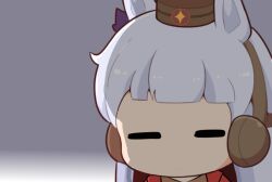 1girl animal_ears blunt_bangs brown_hat chibi chibi_only closed_eyes commentary_request gold_ship_(umamusume) gomashio_(goma_feet) grey_background grey_hair hat horse_ears horse_girl long_hair portrait solo umamusume