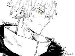 artist_name cropped_shoulders fate/grand_order fate_(series) fur_trim greyscale greyscale_with_colored_eyes high_collar kadoc_zemlupus knyhks_zms looking_at_another looking_to_the_side monochrome piercing short_hair sidelocks yellow_eyes