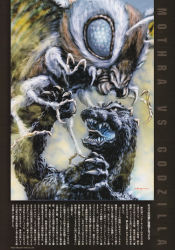 battle dinosaur energy fight fighting foam giant giant_monster glowing glowing_mouth godzilla godzilla_(series) kaiju monster mothra mothra_vs._godzilla poison powder toho torisawa_yasushi