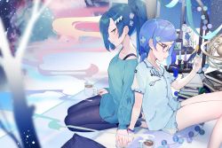 2girls age_difference bad_id bad_pixiv_id bird black_legwear blue_hair blush book book_stack candle candlestand child cup flower geass glasses green_eyes hair_ornament height_difference highres jay_(shining_star) long_hair long_sleeves multiple_girls ohisashiburi onee-loli ponytail seiza shining_star sitting sleeves_past_wrists smile steam yuri