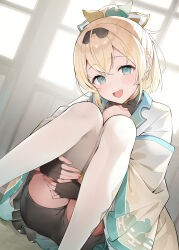 1girl absurdres aqua_eyes architecture bike_shorts black_shorts black_shrug blonde_hair blush commentary_request east_asian_architecture fingerless_gloves gloves green_skirt hair_between_eyes hair_ornament haori highres hololive hugging_own_legs indoors izumi_kei japanese_clothes kazama_iroha kazama_iroha_(1st_costume) knees_together_feet_apart knees_up leaf_hair_ornament looking_at_viewer open_mouth ponytail short_shorts shorts shouji shrug_(clothing) skirt sliding_doors smile solo thighhighs thighs virtual_youtuber white_thighhighs yellow_haori