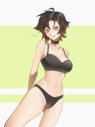 1girl arms_behind_back artist_name black_bra black_choker black_hair black_panties bra breasts choker collarbone eyebrows eyelashes feet_out_of_frame female_focus grey_eyes medium_breasts navel panties ruby_rose rwby short_hair simple_background solo standing two-tone_background underwear underwear_only white_background yellow_background zuu_(zuuzu)