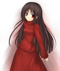 1girl alma_(f.e.a.r.) alma_wade black_hair brown_hair dress f.e.a.r. female_focus long_hair long_sleeves looking_at_viewer niboss red_dress red_eyes sleeves_past_wrists solo