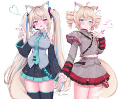 2girls :3 :d absurdres ahoge animal_ear_fluff animal_ears aqua_necktie black_skirt black_thighhighs blonde_hair blue_eyes blue_hair blush breasts commentary cosplay cowboy_shot detached_sleeves dog_ears dog_girl dog_tail drill_hair english_commentary flat_chest fuwawa_abyssgard grey_shirt grey_skirt hatsune_miku hatsune_miku_(cosplay) headset heart highres holding_hands hololive hololive_english kasane_teto kasane_teto_(cosplay) kasane_teto_(sv) large_breasts long_hair long_sleeves looking_at_viewer miixxc mococo_abyssgard multicolored_hair multiple_girls navel necktie number_tattoo open_mouth pink_eyes pleated_skirt shirt shoulder_tattoo simple_background skirt sleeveless sleeveless_shirt smile standing stomach streaked_hair synthesizer_v tail tattoo thighhighs twin_drills twintails twitter_username utau v virtual_youtuber vocaloid white_background zettai_ryouiki