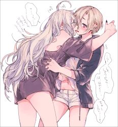 2girls amane_(7783) blonde_hair blush commentary_request ear_piercing earrings eye_contact fingernails grey_hair hair_over_one_eye hand_under_clothes hand_under_shirt heart heart-shaped_pupils highres hood hoodie hoshi_syoko idolmaster idolmaster_cinderella_girls imminent_kiss jewelry long_fingernails long_hair looking_at_another messy_hair multiple_girls nail_polish naked_shirt no_bra open_mouth piercing purple_eyes shirasaka_koume shirt short_hair short_shorts shorts stud_earrings symbol-shaped_pupils translation_request very_long_hair yuri