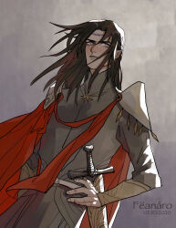1boy 2020 artist_name belt black_hair cape character_name collar dated elf feanor floating_hair grey_eyes high_collar highres male_focus parted_lips pointy_ears red_cape solo sword the_silmarillion tolkien&#039;s_legendarium viery weapon