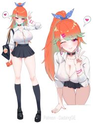 1girl ;) alternate_costume alternate_hairstyle artist_name bra_visible_through_clothes bracelet breasts choker closed_mouth dadangge earrings gradient_hair green_hair heart highres holding holding_phone hololive hololive_english hoop_earrings jewelry kfp_employee_(takanashi_kiara) large_breasts leaning_forward long_hair looking_at_viewer miniskirt multicolored_hair multiple_views one_eye_closed orange_hair panties panty_peek phone pleated_skirt purple_eyes see-through_clothes see-through_shirt shirt simple_background skirt smile spoken_heart takanashi_kiara tally underwear v virtual_youtuber white_background