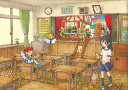 black_hair blonde_hair broom brown_eyes brown_hair chair chalkboard classroom clock desk fairy gym_uniform hat highres indoors instrument long_hair multiple_boys multiple_girls original school school_desk sitting window wings yukoiwase