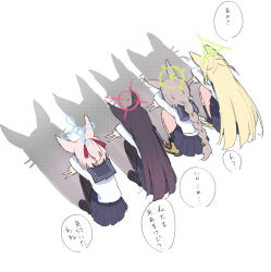4girls animal_ears black_hair black_pantyhose black_sailor_collar black_shoes black_skirt blonde_hair blue_archive blue_halo braid braided_ponytail brown_hair cat_shadow_puppet_(meme) dutch_angle failure fox_ears fox_girl fox_platoon_(blue_archive) from_above full_body green_halo hair_ribbon half_updo halo highres kurumi_(blue_archive) loafers long_hair long_sleeves low_ponytail medium_hair meme miniskirt multiple_girls niko_(blue_archive) otogi_(blue_archive) pantyhose pink_hair pleated_skirt ponytail red_halo red_ribbon ribbon sailor_collar sateto_(user_knrf2332) school_uniform serafuku shadow shirt shoes simple_background sketch skirt speech_bubble squatting straight_hair translated two_side_up very_long_hair white_background white_shirt yukino_(blue_archive)