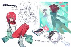 2girls amate_yuzuriha anhypnosis aqua_eyes beanie black_hair cellphone chinese_commentary commentary_request conch_(gundam) copyright_name dated dress floating frown gundam gundam_gquuuuuux haro hat highres jacket lalah_sune long_hair mecha_pilot_suit midair multiple_girls non-humanoid_robot normal_suit_(gundam) phone pom_pom_(clothes) pom_pom_beanie red_hair robot short_hair shuji_ito skirt smartphone speech_bubble translation_request