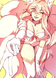 1girl 2022 animal_ear_fluff animal_ears arielle_(cudlil) arm_between_legs artist_name boots borrowed_character breasts brown_hair cleavage commentary covered_navel elbow_gloves english_commentary fox_ears fox_girl fox_tail gloves gyaru_v hair_between_eyes highres jammies_(mochike) looking_at_viewer medium_breasts multiple_tails one_eye_closed open_mouth original pink_eyes smile solo tail thigh_boots v white_boots white_gloves yellow_background
