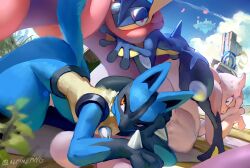 3others alpineping ass bent_over black_hair blue_fur blue_skin body_fur colored_skin creatures_(company) furry game_freak gen_1_pokemon gen_4_pokemon gen_6_pokemon greninja half-closed_eyes highres kneeling legendary_pokemon lucario lying mewtwo multiple_others nintendo pink_eyes pokemon pokemon_(creature) purple_eyes purple_skin red_eyes spikes super_smash_bros. sweat tail tongue yellow_fur