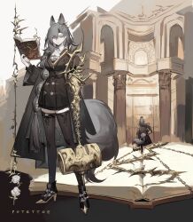 animal_ears arknights ascot black_coat book braid coat extra_ears gauntlets hammer high_heels highres holding holding_book holding_hammer long_hair multiple_views penance_(arknights) potettoe single_braid single_gauntlet tail thighhighs thorns very_long_hair white_ascot wolf_ears wolf_girl wolf_tail yellow_eyes