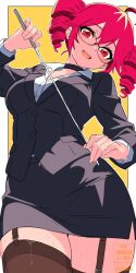 Rule 34 | 1girl, ahoge, alternate costume, bespectacled, black choker, black jacket, black skirt, border, breasts, brown garter straps, brown thighhighs, choker, commentary, cowboy shot, drill hair, english commentary, from below, glasses, head tilt, highres, holding, holding pointer, jacket, kasane teto, large breasts, long sleeves, looking at viewer, mole, mole under eye, open mouth, pencil skirt, pointer, red eyes, red hair, shirt, short hair, simple background, skirt, smile, solo, sweatdrop, teacher, teeth, thick thighs, thighhighs, thighs, twin drills, twitter username, upper teeth only, utau, watermark, white border, white shirt, xel4, yellow background, zettai ryouiki