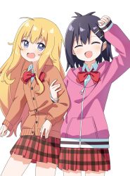 Rule 34 | 2girls, :d, ^ ^, ahoge, bare legs, black hair, blonde hair, blue eyes, bow, bowtie, closed eyes, commentary, commission, cosplay, costume switch, cowboy shot, facing viewer, gabriel dropout, gabriel tenma white, hair ornament, hairclip, haru (konomi 150), highres, jacket, light blush, long hair, long sleeves, looking at viewer, miniskirt, multiple girls, open mouth, orange jacket, pink jacket, pixiv commission, plaid clothes, plaid skirt, pleated skirt, red bow, red bowtie, red skirt, shirt, short hair, simple background, skirt, sleeves past wrists, smile, very long hair, vignette tsukinose april, white background, white shirt, wing collar, x hair ornament