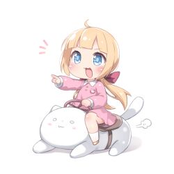 1girl :d ahoge blonde_hair blue_eyes blue_pupils blush bow cat commentary dress highres long_hair looking_ahead loose_hair_strand low_twintails notice_lines open_mouth original outstretched_arm pink_dress pointing red_bow riding simple_background smile solo symbol-only_commentary tamase_tama twintails white_background