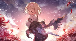 1girl :d ^_^ arms_behind_back blurry blurry_foreground breasts brown_skirt closed_eyes cloud cloudy_sky collared_shirt depth_of_field female_focus flower fringe_trim glasses hairband high-waist_skirt holding holding_knife knife leaning_forward light_brown_hair medium_breasts open_mouth original outdoors petals plaid red_flower round_eyewear saru shawl shirt short_hair skirt sky smile solo white_hairband white_shirt