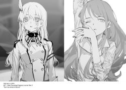 2girls absurdres aikatsu! aikatsu!_(series) arm_up bad_id bad_twitter_id english_text greyscale hand_up highres hoshimiya_ichigo idol inactive_account jacket long_hair long_sleeves looking_at_viewer monochrome multiple_girls one_eye_closed parted_lips shibuki_ran suiso_(owp) translation_request upper_body